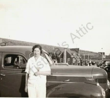 1939 Dodge 4-Door Car Woman Portrait Front of Mobile Gas Station BW Photograph