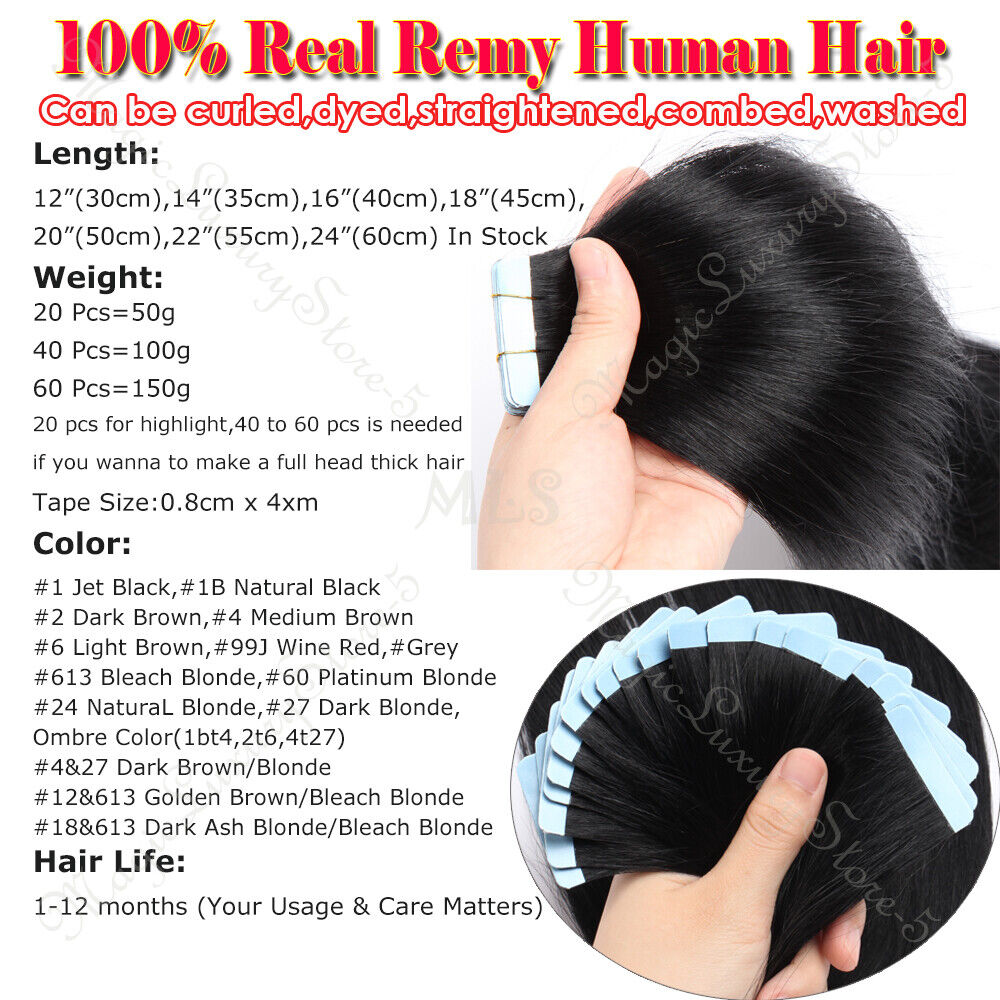 THICK Tape In Russian Remy Human Hair Extensions Skin Weft Full Head 10-80PCS US