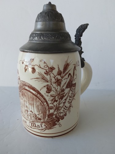 Antique HOPFEN UND MALZ GOTT ERHALTS Lidded German Beer Stein Transferware - Picture 5 of 17