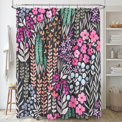 Black Floral Shower Curtain, Hot Pink Boho Flower 72" W x 72" L Pink - Black - Bild 1 von 7