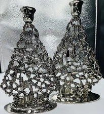 Godinger Silver Plated Ornate Vintage Christmas Tree Candle Holders Lot of 2