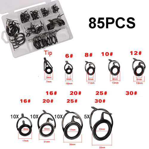 85Pack Ceramic Fishing Rod Guide Line Double Feet Ring Repair Eyes 8 Sizes w/Tip