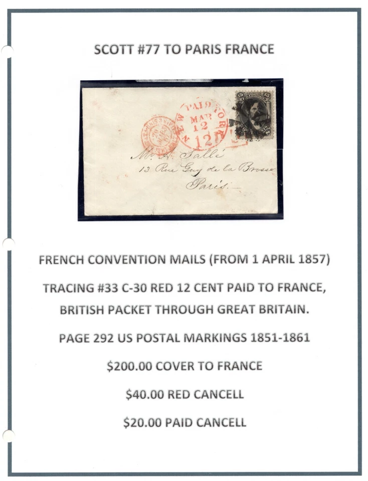 US TO FRANCE 1867 A. LINCOLN SCOTT #77 TIED FANCY CANCEL WITH "NEW YORK PAID 12" - Image 3 of 3