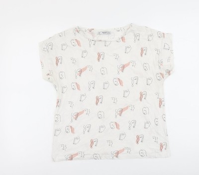 Mango Damen Basic T-Shirt weiß geometrisch Baumwolle Größe M U-Boot-Ausschnitt