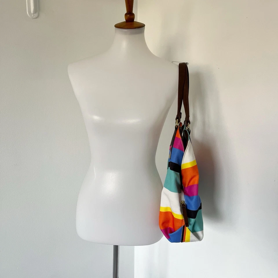 Liz Claiborne Purse Sectional Striped Rainbow Serape Canvas Faux Leather Handbag - Image 3 of 4