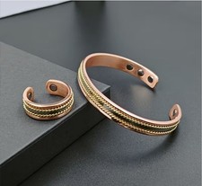 Pure Copper Magnetic Bracelet and Ring Set Adjustable Cuff 175mm 6 Magnet 2 M
