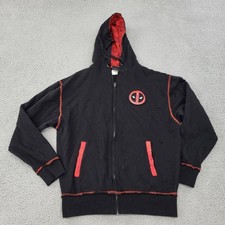 Marvel Deadpool Hoodie Mens Medium Black Graphic Full Zip Pockets