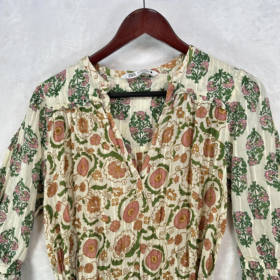 Zara Dress Womens M Cream Floral Boho Tiered Ruffle Midi Belted Boho Countru - Image 2 of 4