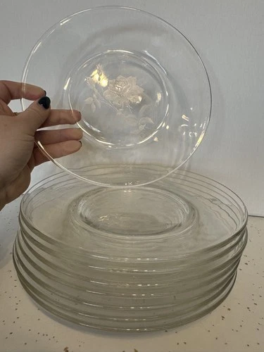 Vintage Elegant Clear Federal Glass Royal Rose Luncheon Plates 1960s - set of 8