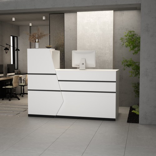 Timechee Reception Desk L-Shaped Counter w/ Lockable White 55.1"L