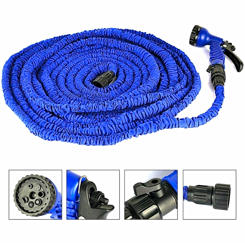 Blue/Black Expandable Expanding Garden Hose Fabric & Plastic w/ Spray Nozzle