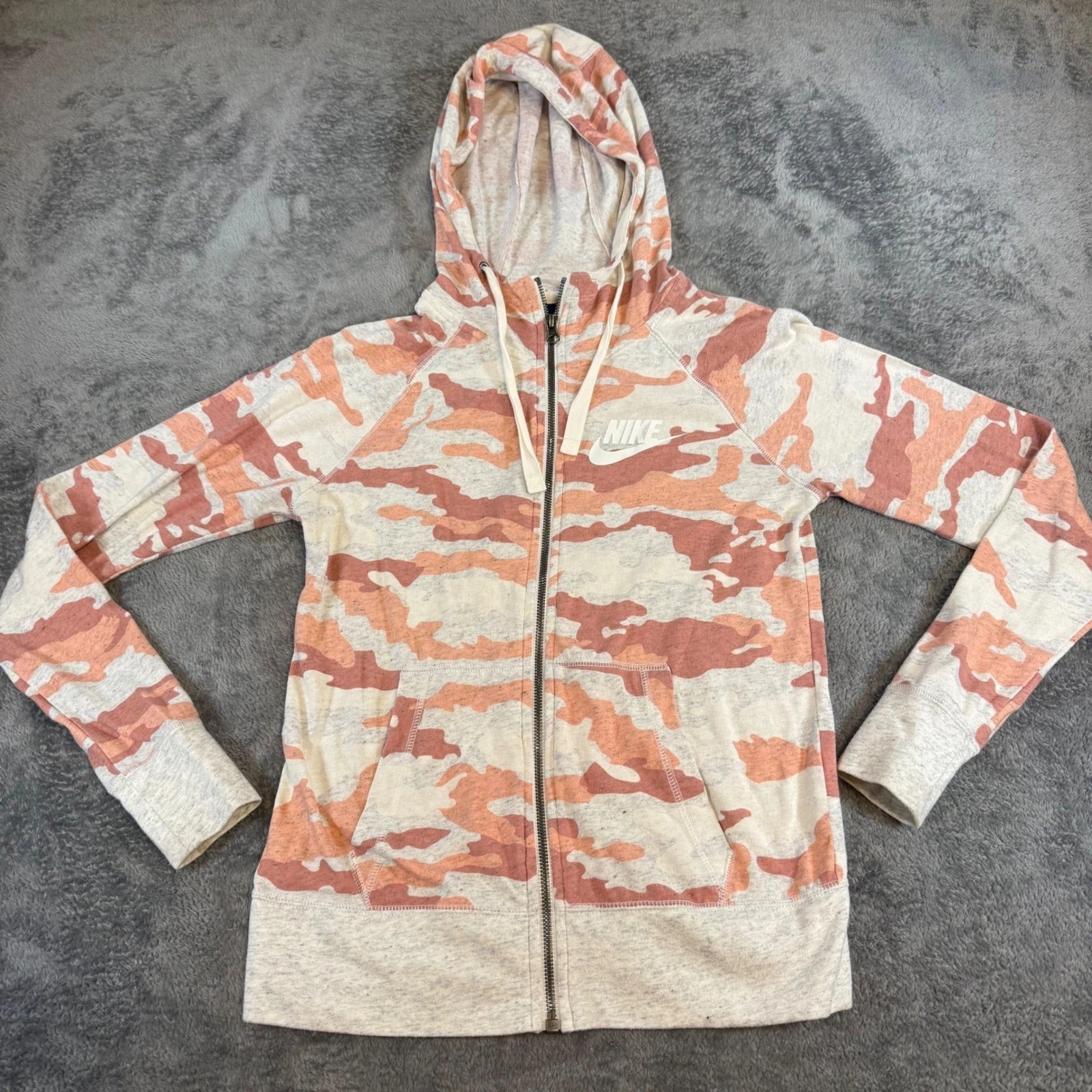 Nike Womens XS Peach Camo Full Zip Hoodie Lightweight Organic Cotton Blend
