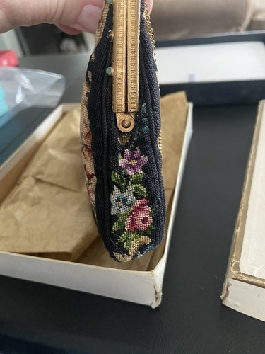 Vintage französische Petit Point Handtasche schwarz & Blumen Schmucksteinen Klapprahmen OVP - Bild 17 von 17