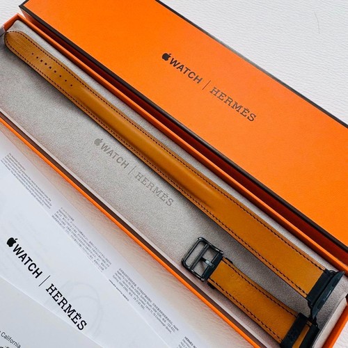 Bracelet Hermès en cuir véritable noir double tour pour Apple Watch 40 mm 5,5-6,7" - Photo 3 sur 11