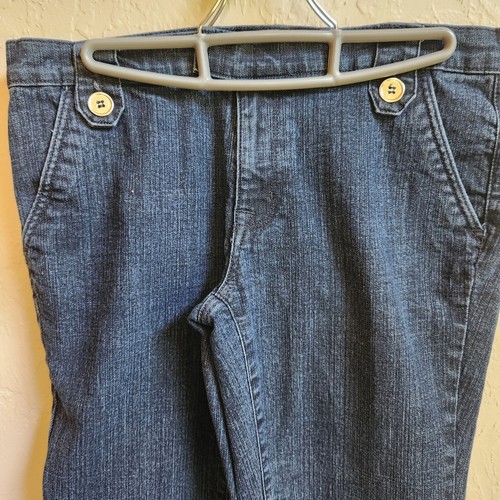Mixit Jeans Sz 12 Dark Blue Denim Stretch Flare Leg Mid Rise 35" X 30.5" Buttons - Picture 4 of 14