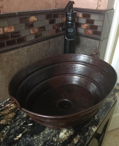 16" Oval Copper Bucket Vessel Sink with Daisy Drain and 13" ORB Faucet - Picture 2 of 5