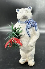 Vtg Rowe Pottery Works Bear Figurine Holding Wreath Salt Glaze Christmas 6" EUC