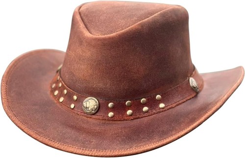Real Leather Cowboy Hat Mens Vintage Chinstrap Australian Western Style Bush Hat - Picture 65 of 89