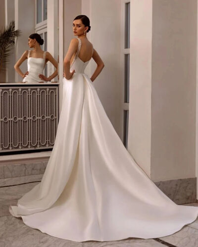 Elegant Pearls Mermaid Wedding Dresses Square Neck Sleeveless Satin Bridal Gowns - Picture 3 of 7