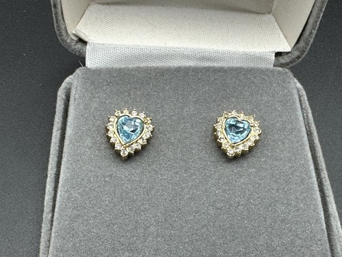 Vintage Blue Aquamarine? Glass? Clear Rhinestone Heart Stud Earrings New In Box - Picture 16 of 19