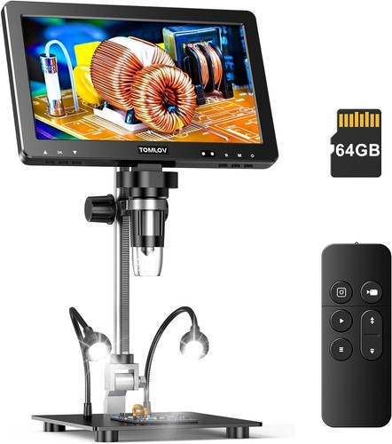 TOMLOV DM9 Max 10.1" IPS HDMI Digital Microscope 1500X 10 LED Lights PC/TV 64GB - Afbeelding 1 van 9