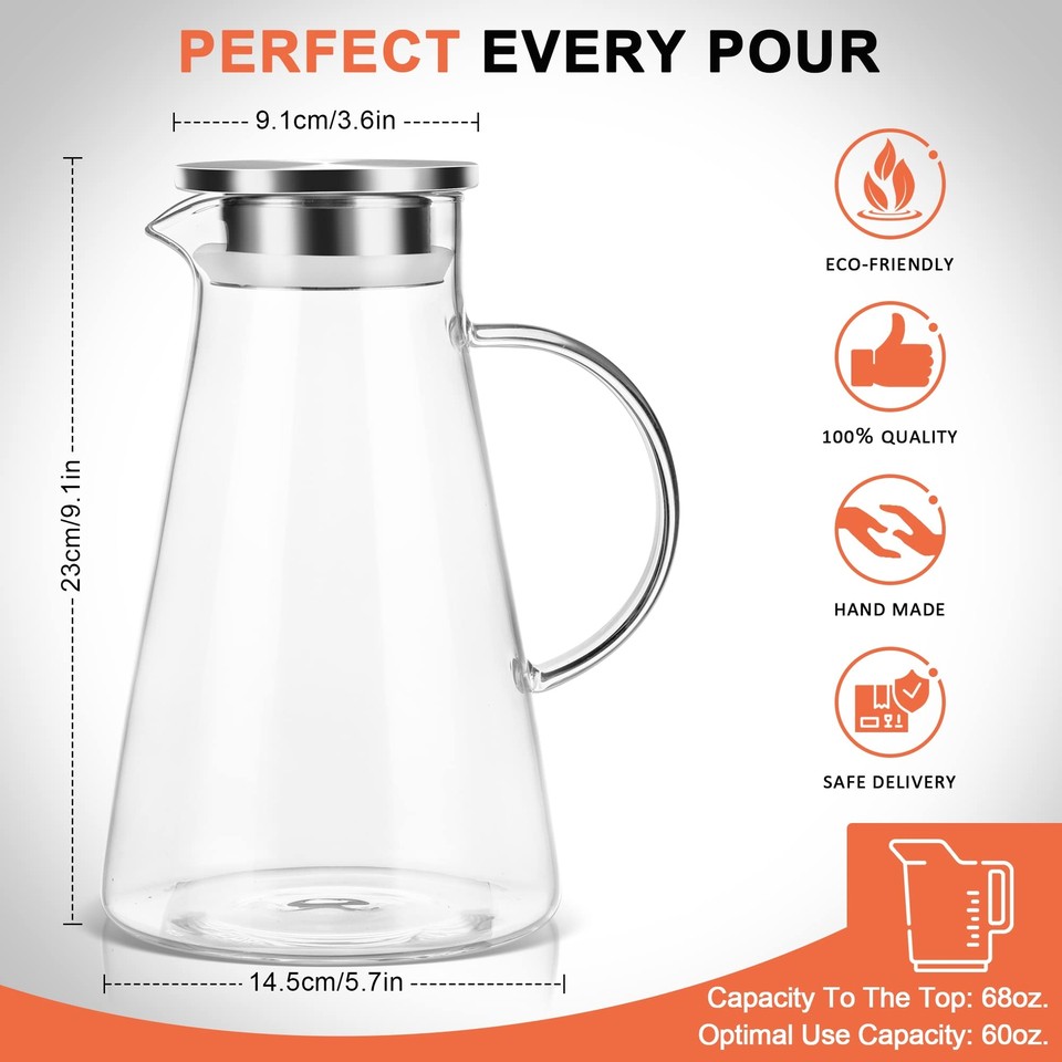 2.0 Liter 68oz Glass Pitcher with Lid Easy Clean Heat Resistant Glass ...