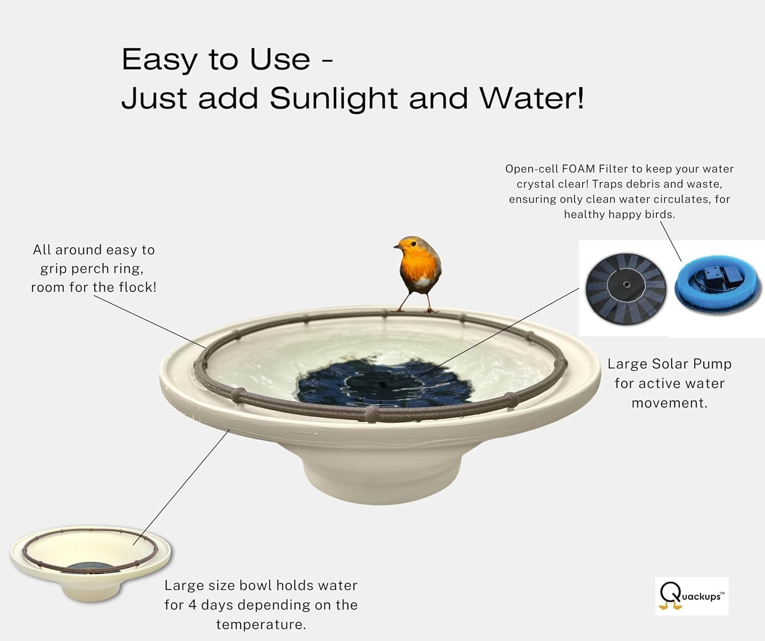Quackups® Solar Bird Bath Bubbler Fountain Outdoor Garden and Backyard