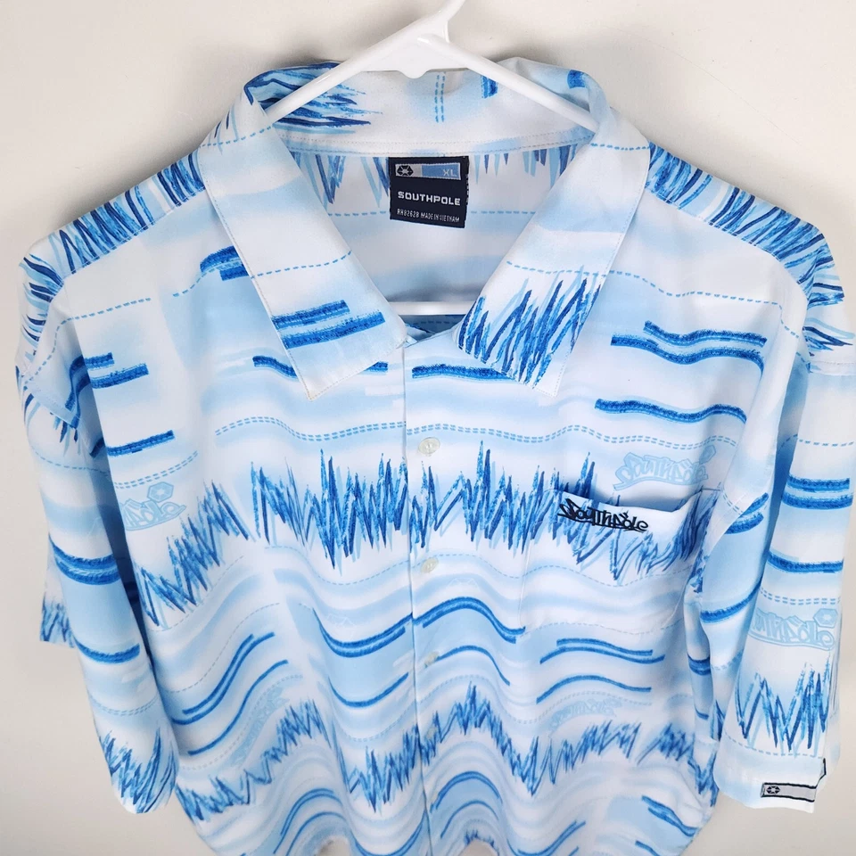Southpole Shirt Men XL Blue Y2K Hip Hop Striped Button Up Pocket Rap Polyester - Image 3 of 4