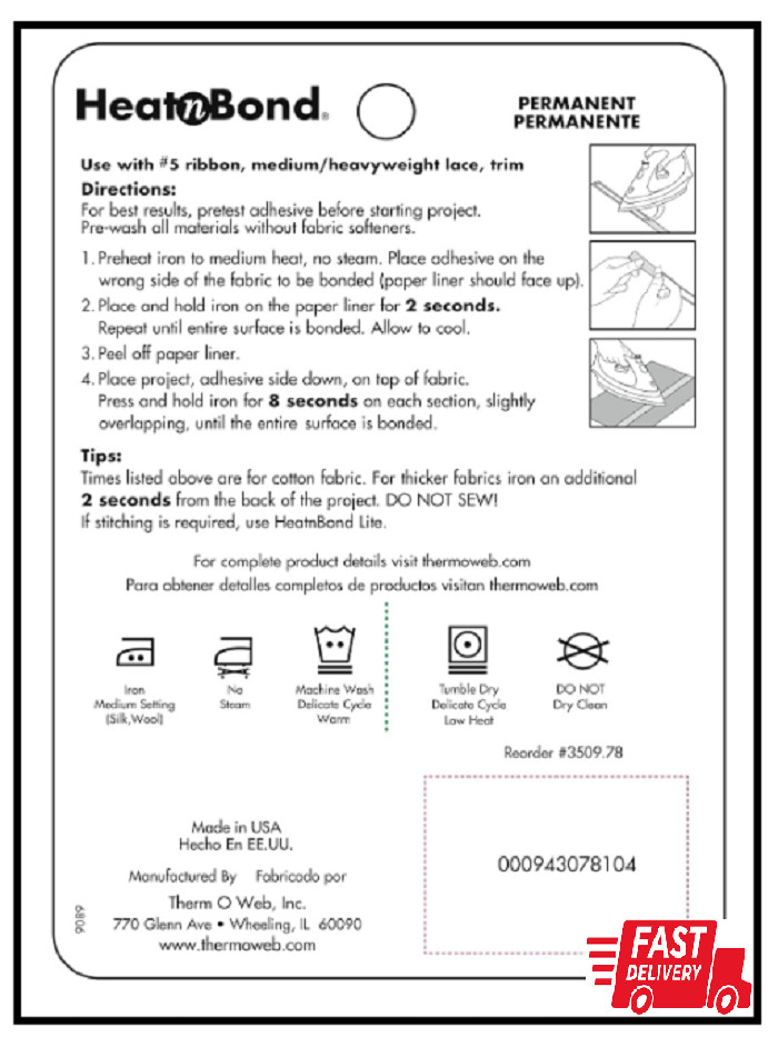Iron On Adhesive Heat N Bond Hem No Sew Hemming Tape For Light Fabric 7/8"x10Yds