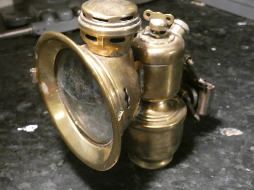 VINTAGE POWELL & HANMER CARBIDE BRASS BICYCLE BIKE LAMP LIGHT PANTHER - Foto 10 di 11