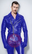 MEN SOFT GENUINE LEATHER BLUE CATSUIT FRONT ZIPER OVERALL BODYSUIT JUMPSUIT BIKE