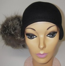 Vintage 1930s Women Cloche Flapper Hat Felt Black fur Pompom by Worth of Boston