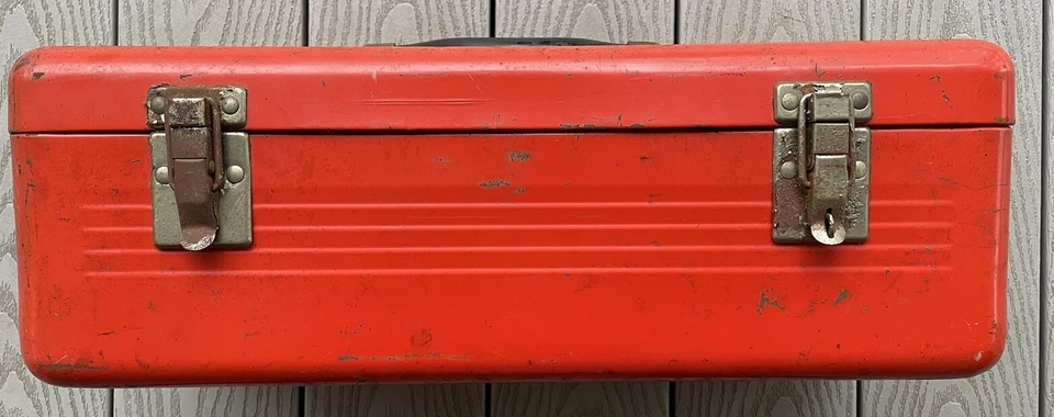 VINTAGE SIMONSEN RALLY LINE TOOL BOX Orange STEEL METAL 19" LONG - Image 2 of 4