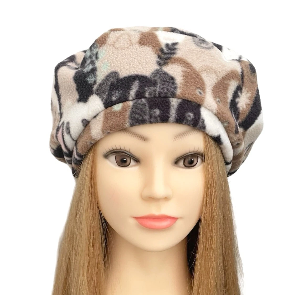 Dog Print Fleece Autumn Beret Hat for Women Handmade Gift for Dog Mum Dog Lover