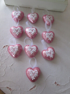Pkg of 10- 1.75'' Pink Glitter & Lace Heart Valentines Day Ornaments, NEW