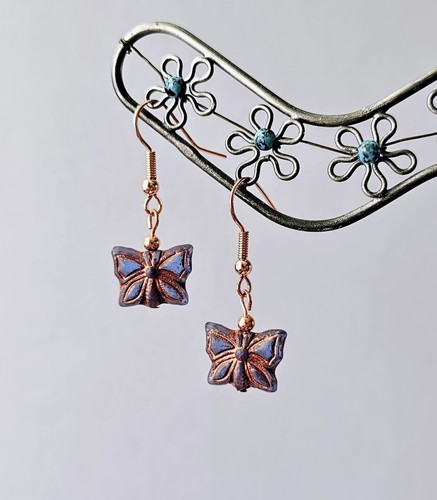 Handmade Blue w/Copper Dainty Butterfly Czech Glass Earrings, Butterfly Earrings - Picture 9 of 12