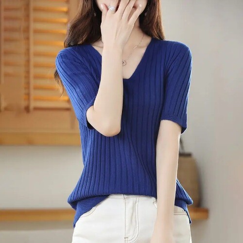 Summer New Women's V-neck Short-Sleeved Exquisite Cashmere Knitted Sweater - Picture 34 of 36