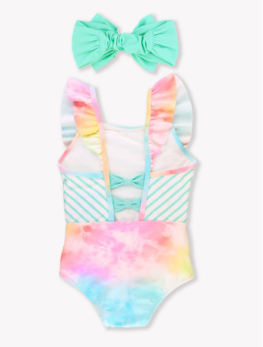 Rufflebutts Rainbow Baby Girl One Piece Ombre Swimsuit Headband 3-6 Months - Picture 2 of 2