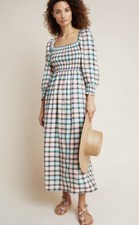 NWT $148 Meave Anthropologie Cerie Smocked MIDI  Plaid Dress Women’s Size M