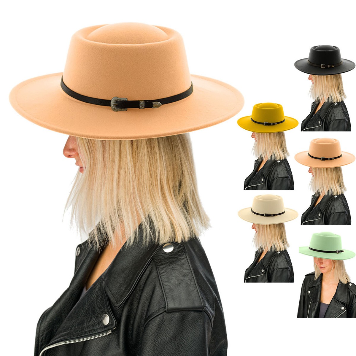 Women Wide Brim Fedora Hat with Belt Buckle Pork Pie Hat Adjustable Strap 61b5WdqEYAL._AC_UY1000_.jpg main image 3