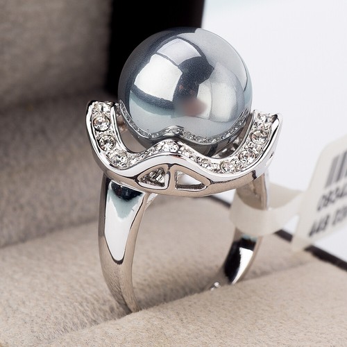 R042 Solitaire Anniversary 14MM Pearl Ring 18KGP Rhinestone Size K1/2 - S - Picture 4 of 12