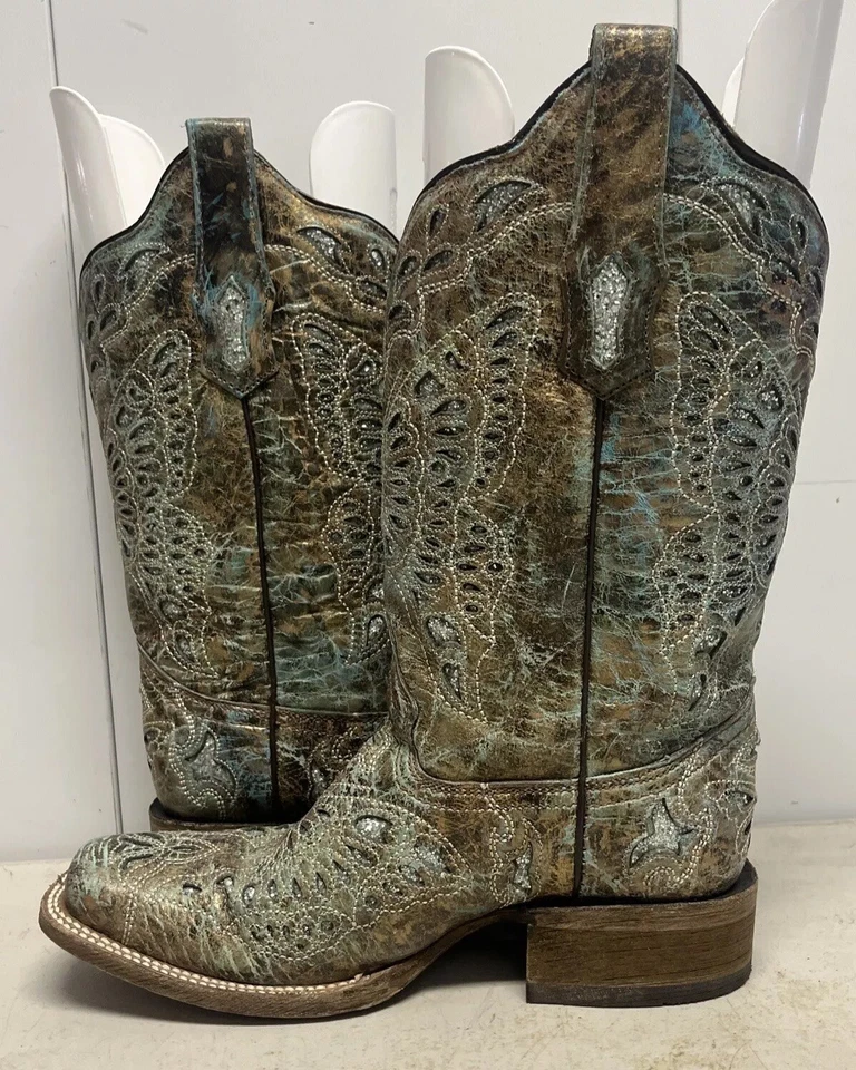 Corral boots 8.5 M Square Toe Women's bronze/turquoise glitter inlay style A2955 - Image 3 of 4