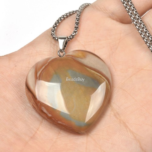 Rock Gemstone Healing Crystal 40mm Puffed LOVE Heart Pendant & Necklace - Picture 29 of 46