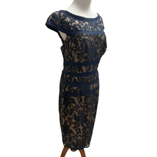 Tadashi Shoji Women's Size 10 Navy Nude Lace Dress Midi Cap Sleeves Zip Back NWT - Picture 2 of 12