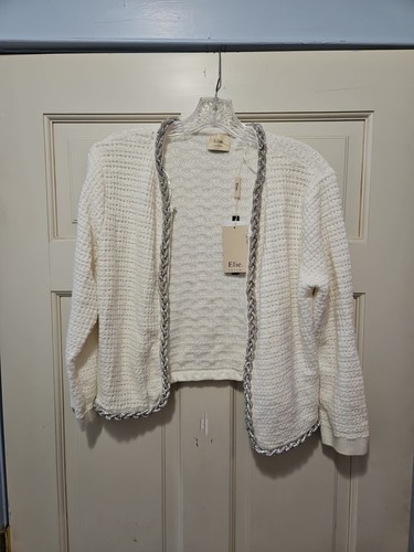 Elie Tahari Size L/G Cream Knit Embellished Textured Cardigan, MSRP $158.00