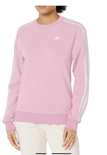 ADIDAS WOMENS ESSENTIALS 3-STRIPES FLEECE CREW NECK SWEATSHIRT PINK Small NWT - Picture 2 of 7