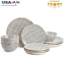 12 Piece Dinnerware Black White Dot Stoneware Set W/ Plates Bowls No Abrasives