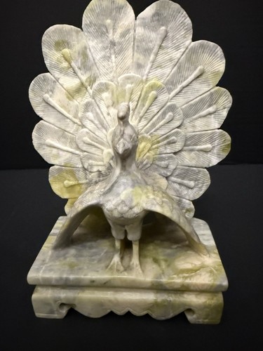Vintage Speckstein Pfau Buchstütze Statue gelb Tier Vogel 7" hoch einzeln Art Deco - Bild 5 von 7