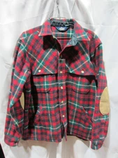 Vintage Woolrich Stag Over Shirt W/ Suede Elbow Patches Plaid Red/Green Plaid L