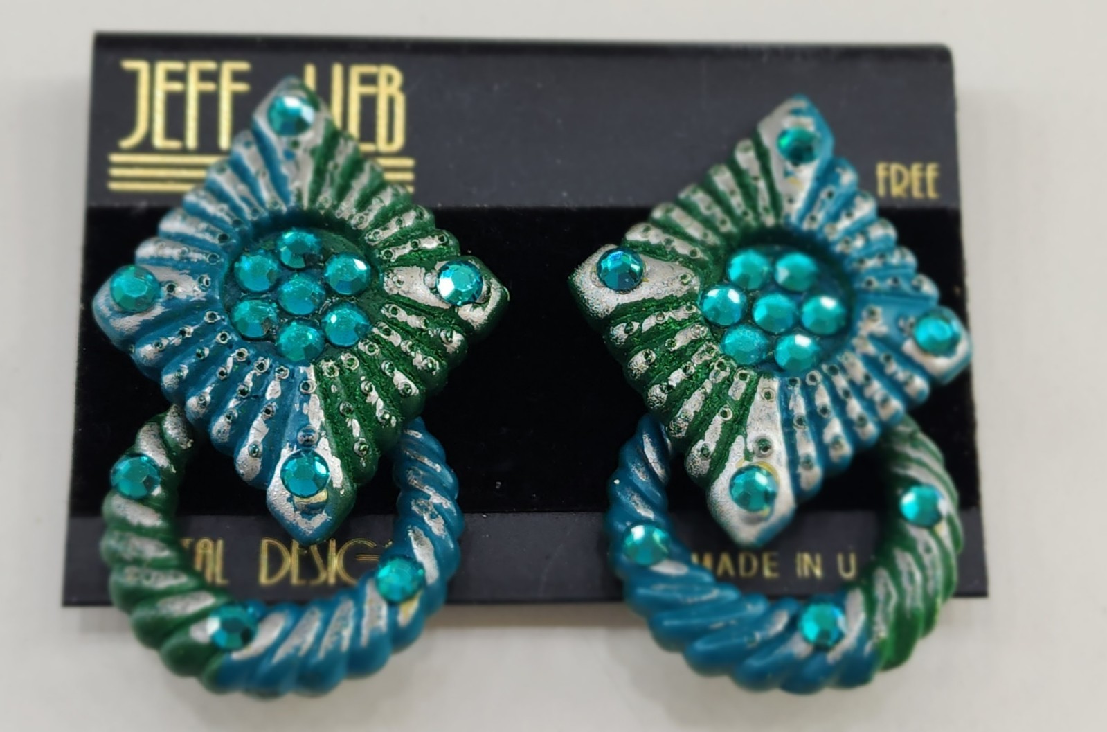 Vintage Jeff Lieb Green & Teal Geometric Clip-On Dangle Earrings